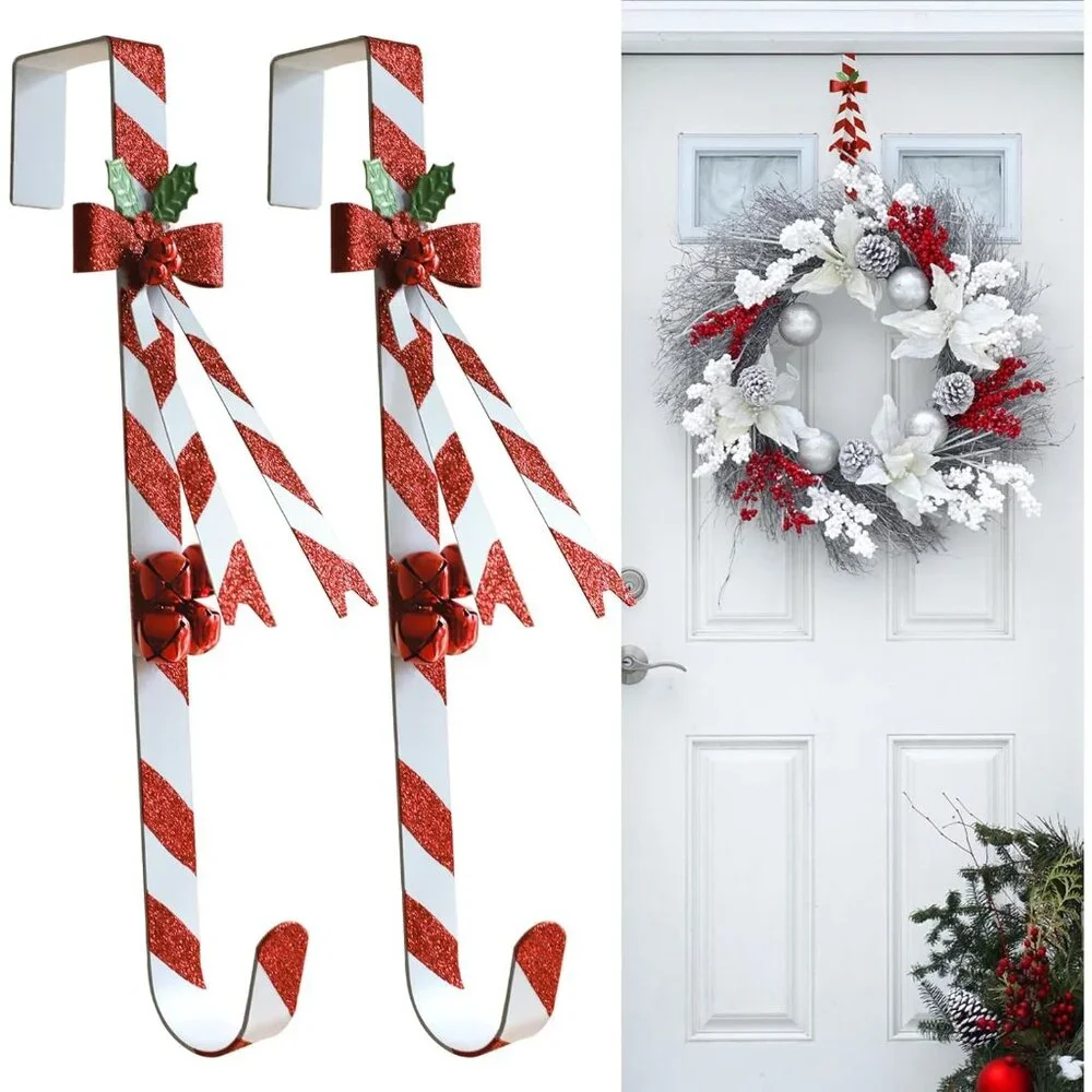Candy Cane Wreath Hooks Set - Stylish Over The Door Wreath Hangers for Christmas